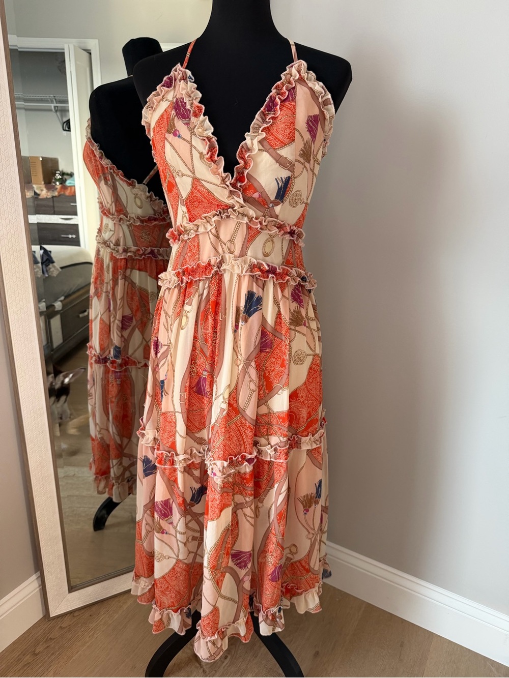 Ruffle Tiered Midi Dress in Peach and Coral - SOLD